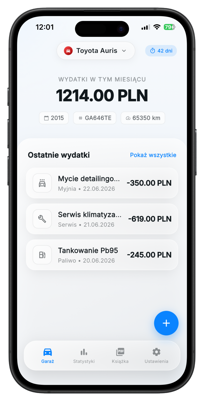 Auto Dbam — ekran Garaż z listą wydatków